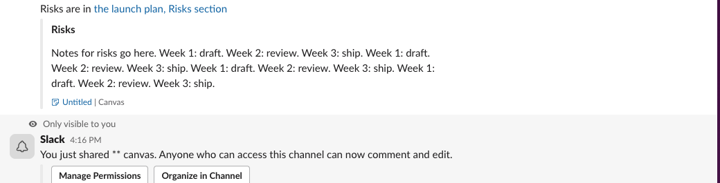 A Slack message with a link labeled the launch plan, Risks section, unfurled as a preview of just the Risks heading and its paragraph, followed by a Slackbot note that the canvas is now shared with the channel