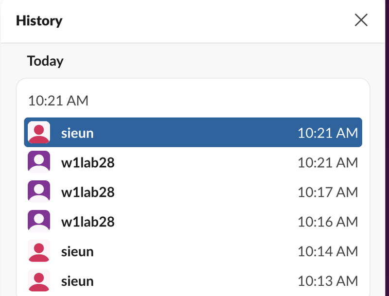The History panel after the restore: a new sieun entry at 10:21 AM on top, followed by w1lab28 at 10:21, 10:17 and 10:16 AM and sieun at 10:14 and 10:13 AM