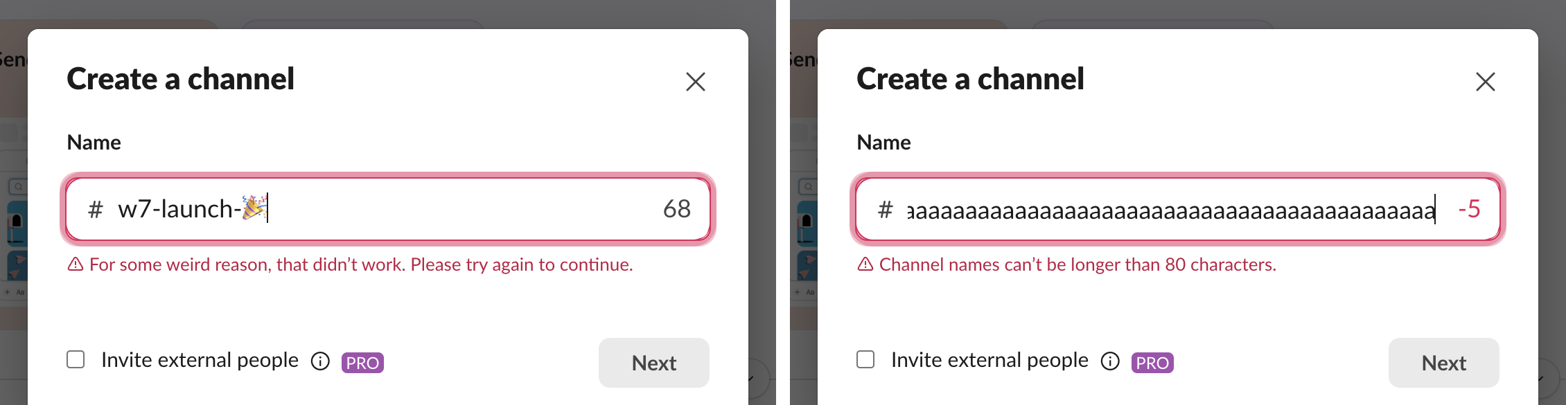 Two Create a channel dialogs side by side: w7-launch- with a party emoji shows counter 68 and For some weird reason, that didn't work, and an 85-character name shows a red -5 and Channel names can't be longer than 80 characters