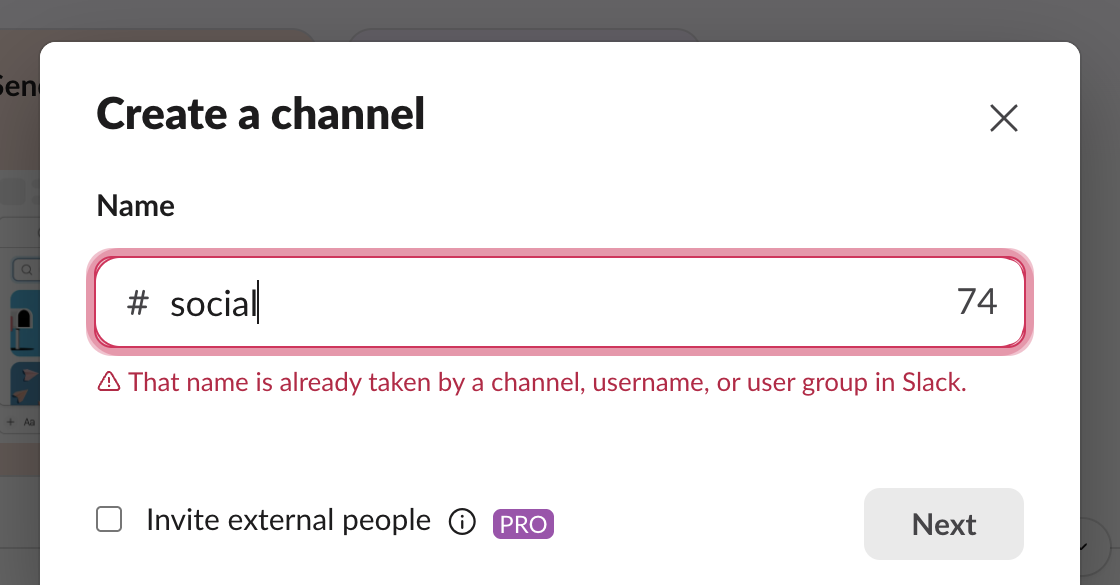 Create a channel dialog with the name social typed, counter 74, and the error That name is already taken by a channel, username, or user group in Slack