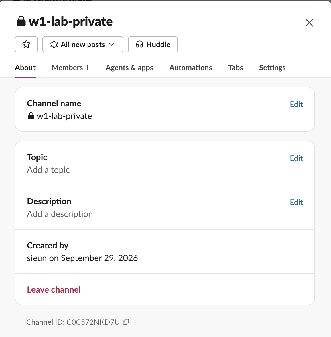 Slack channel details, About tab: Channel ID C0C572NKD7U at the bottom with a copy icon