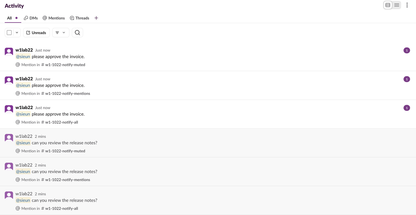 The Slack Activity tab listing six mentions from the test bot, two each from w1-1022-notify-muted, w1-1022-notify-mentions and w1-1022-notify-all