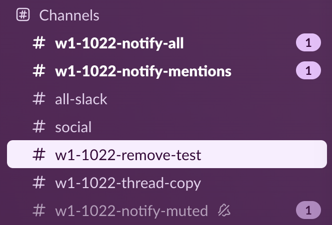 The Slack sidebar after the test. w1-1022-notify-all and w1-1022-notify-mentions are bold with a badge of 1. w1-1022-notify-muted is grey with a muted bell icon and also a badge of 1