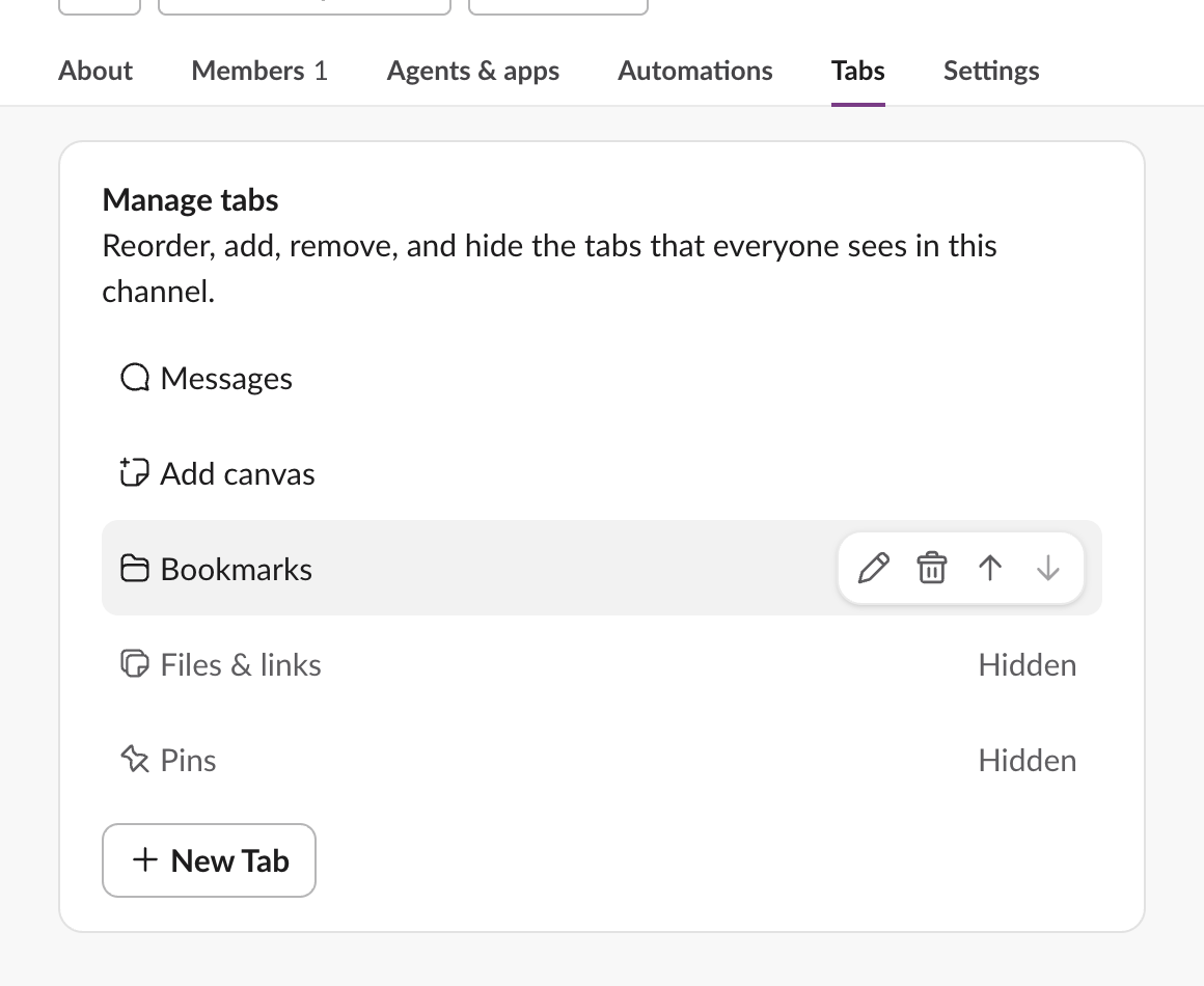 The Manage tabs list with the pointer over the Bookmarks row, showing four buttons: a pencil to rename, a bin to delete, and arrows to move it up or down