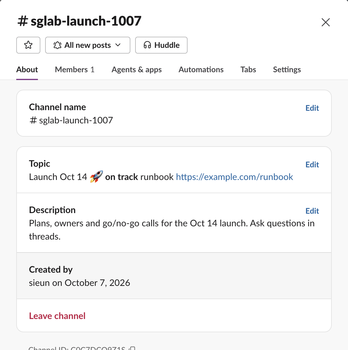 Slack channel details, About tab: Topic shows Launch Oct 14 with a rocket emoji, bold on track and a link; Description shows Plans, owners and go/no-go calls for the Oct 14 launch