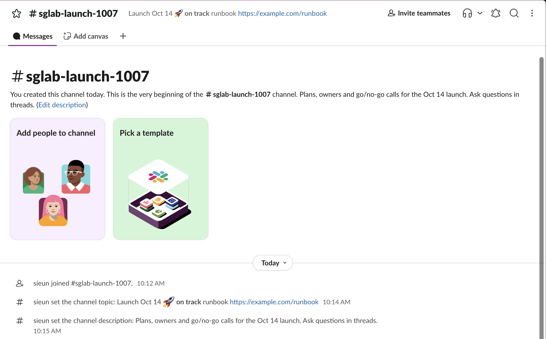 Slack web channel view: the topic with a rocket emoji, bold text and a link sits in the header next to the channel name, the description is in the channel intro, and two system messages record both changes
