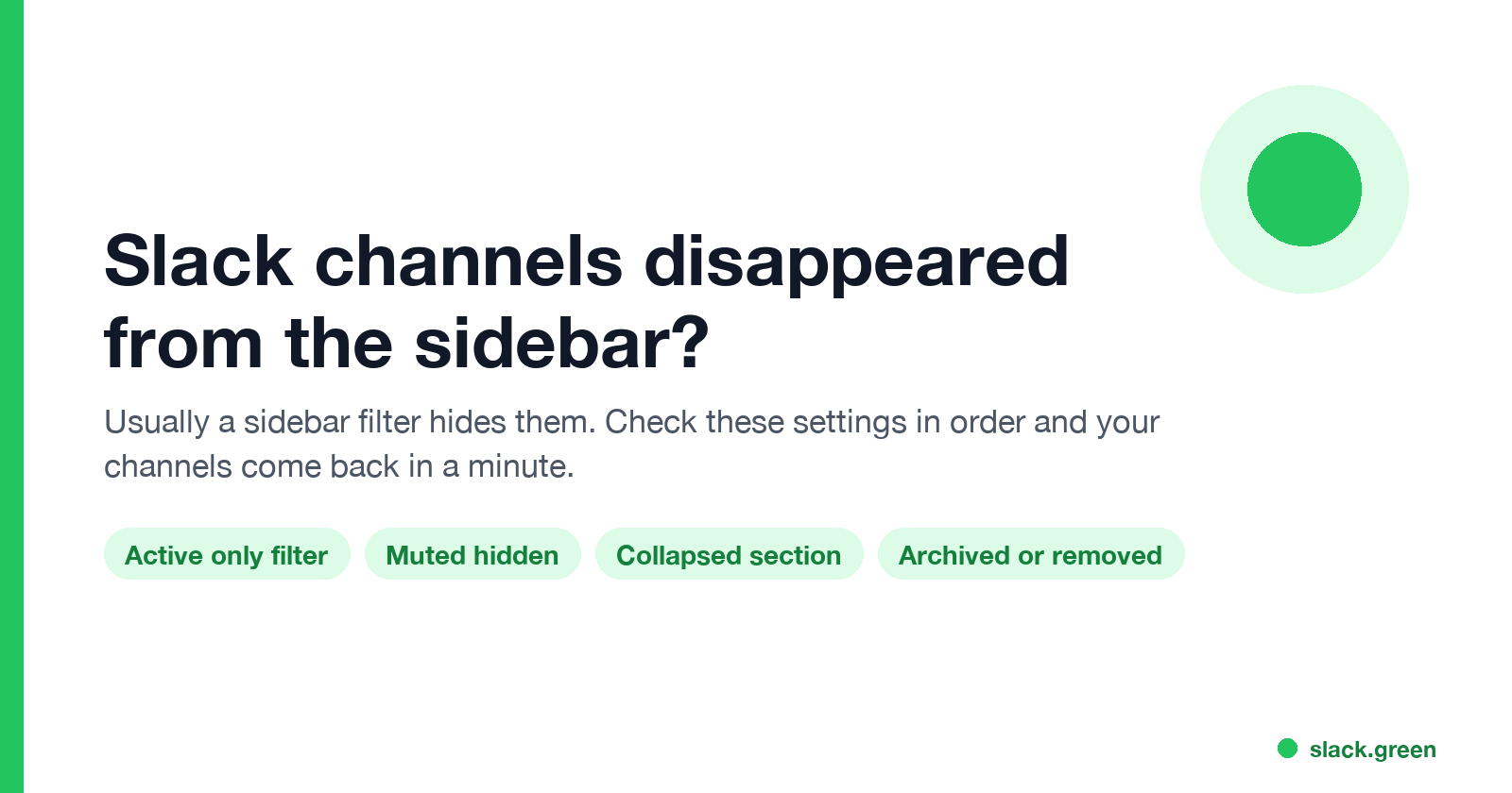 Slack channels disappeared from the sidebar: Active only filter, muted channels, collapsed sections, archived channels