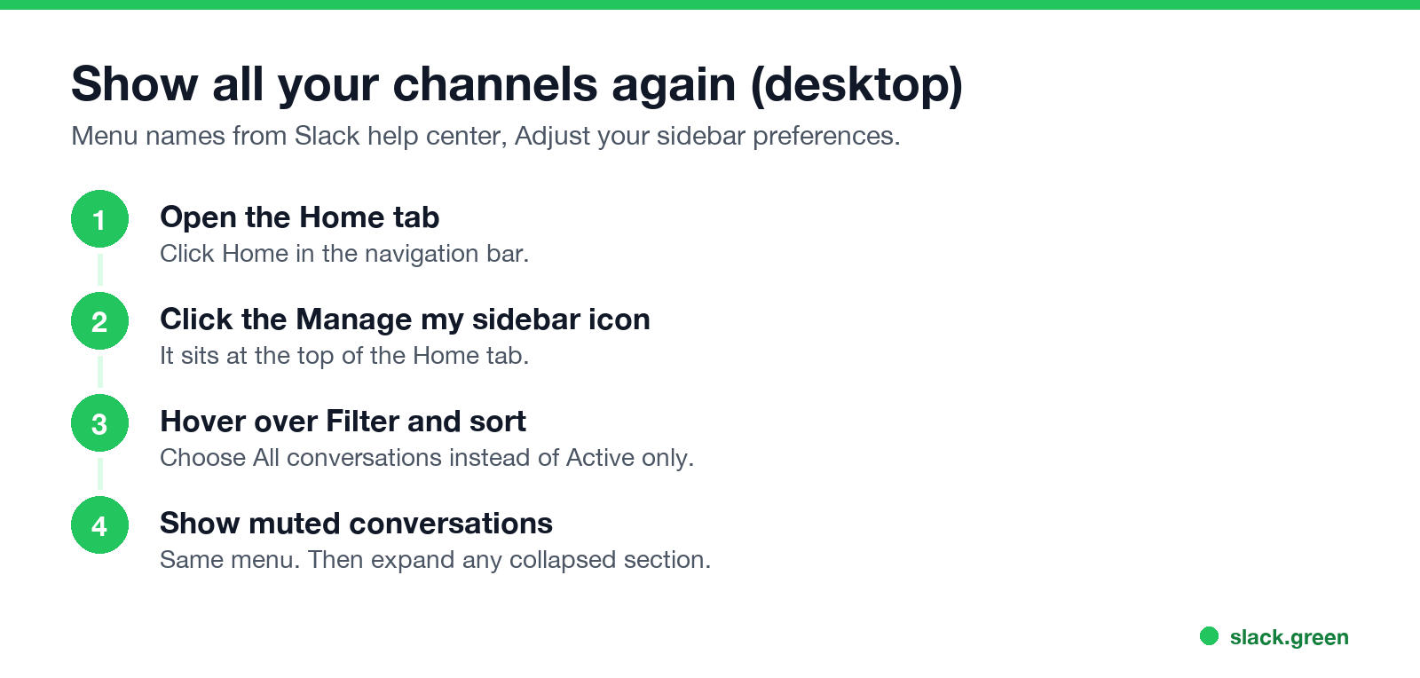 Show all your Slack channels again: Home tab, Manage my sidebar, Filter and sort, show muted