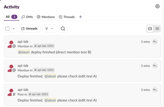 Slack Activity: a Mention item for a message whose mention was added by chat.update, above one for a direct mention