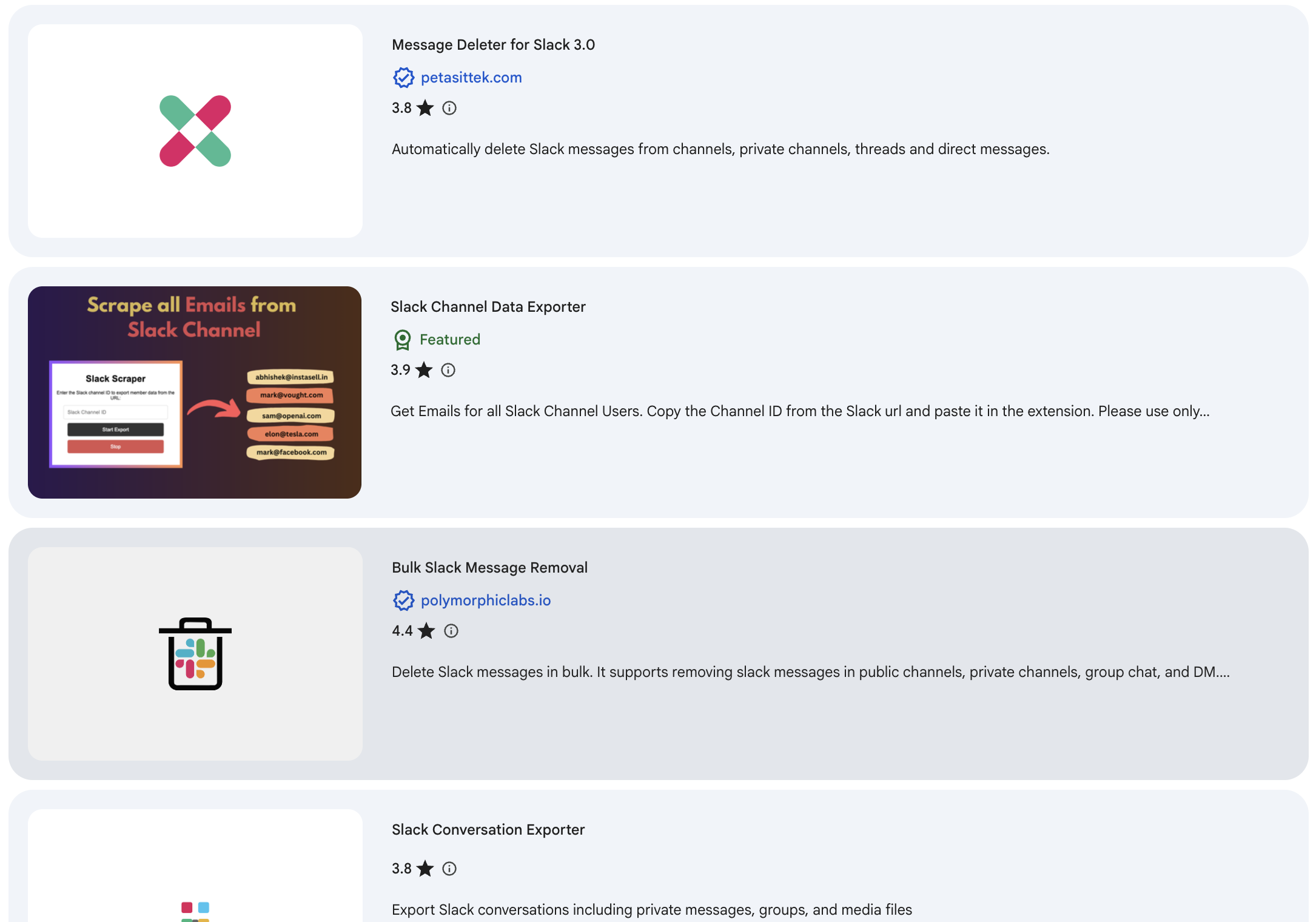Chrome Web Store search results for slack: Message Deleter for Slack, Slack Channel Data Exporter, Bulk Slack Message Removal, Slack Conversation Exporter