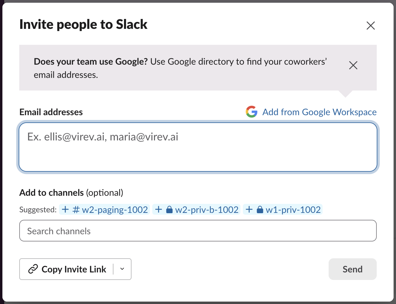Slack's Invite people dialog on a Free workspace: Email addresses, Add to channels, Copy Invite Link and Send, with no option to invite someone as a guest