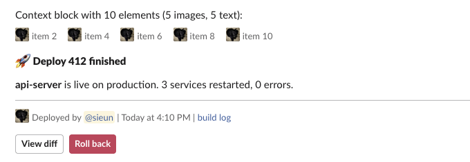 Slack web app showing a context row of five small dog images with item labels, then the deploy message: a bold header with a rocket, a section line, a thin divider, a grey context line with a small avatar, mention, date and link, and View diff and Roll back buttons