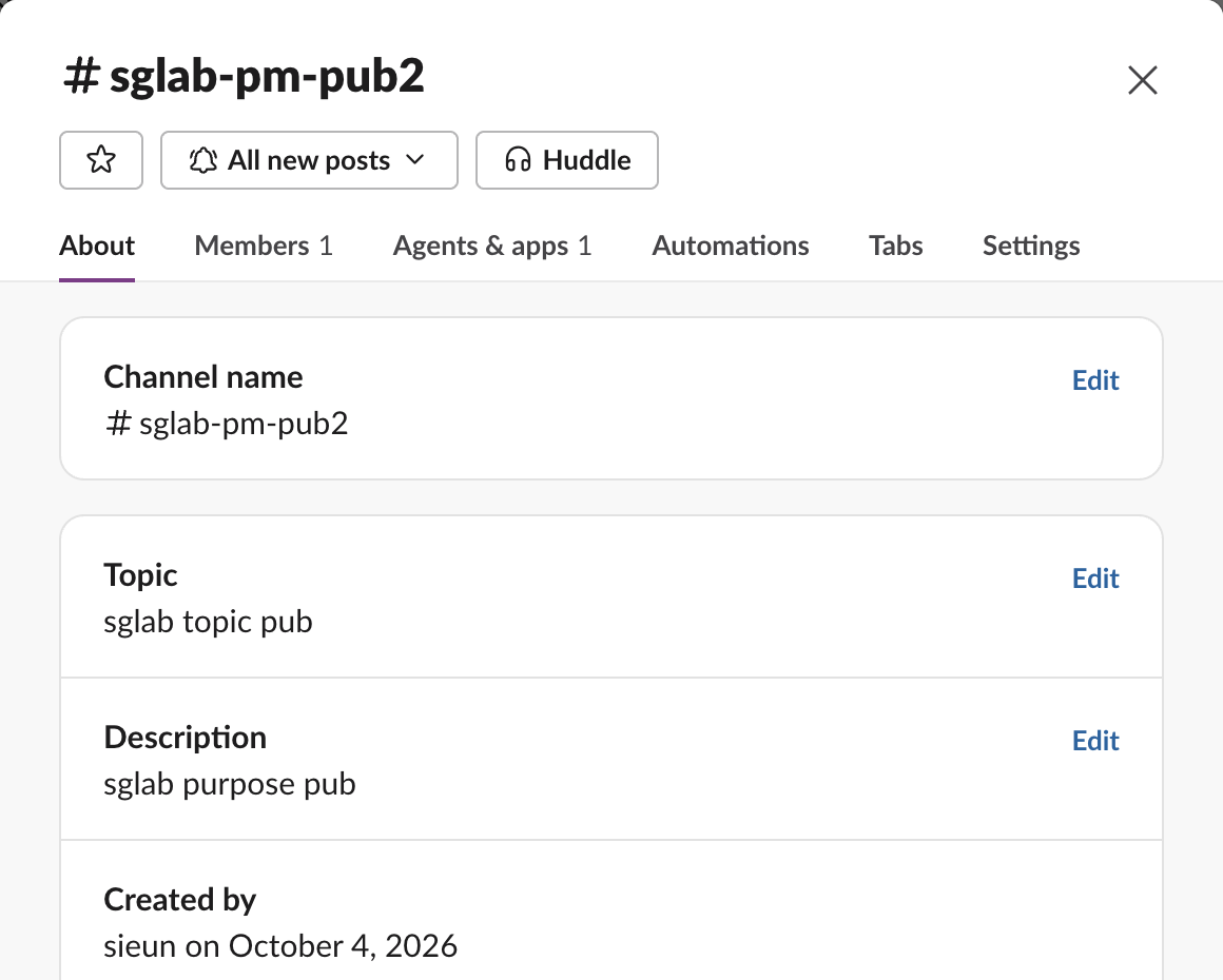 Slack's channel details dialog for sglab-pm-pub2: Members 1 and Agents and apps 1 tabs, the topic sglab topic pub and the description sglab purpose pub