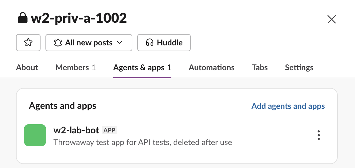 Slack channel details for the private test channel, Agents and apps tab, showing the test bot as the one app in the channel