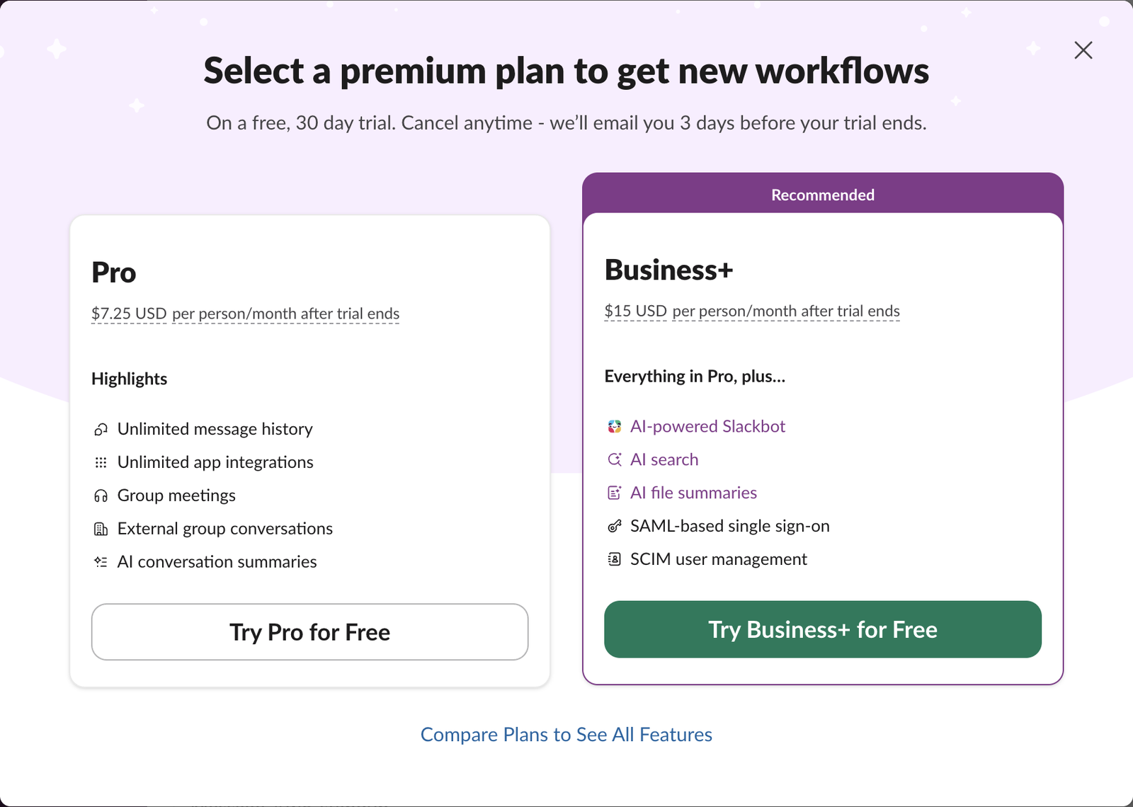 The page Slack showed on the Free plan when we tried to add a workflow: Select a premium plan to get new workflows, with Pro at 7.25 USD and Business+ at 15 USD per person per month after a free trial