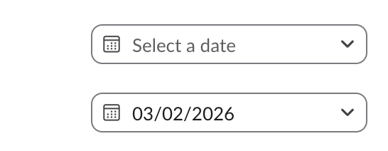 Two datepickers in Slack: the first is empty and reads Select a date, the second shows 03/02/2026