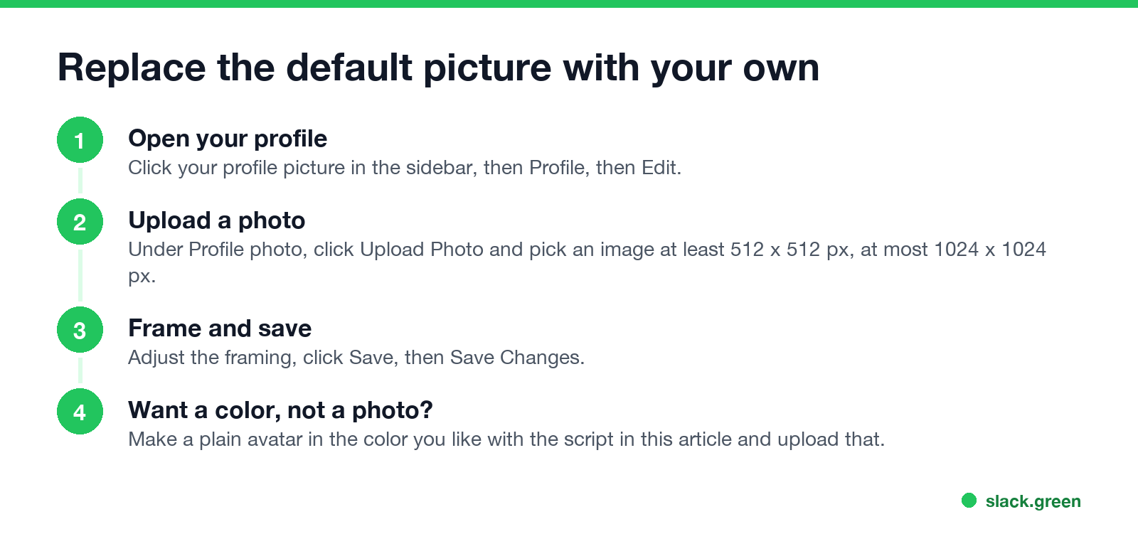 Replace the default Slack picture: open your profile, upload a photo, frame and save