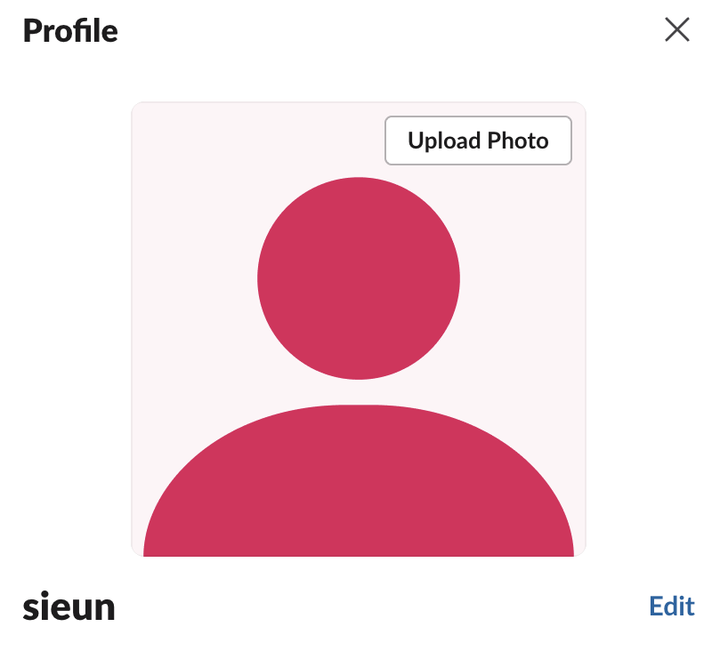 Slack Profile panel for an account with no photo: the default pink-red person silhouette, ava_0016, under an Upload Photo button