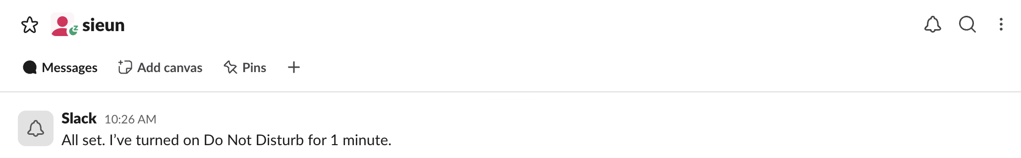 Slack's reply to /dnd for 1 minute: All set. I've turned on Do Not Disturb for 1 minute, with the Z next to the name in the header
