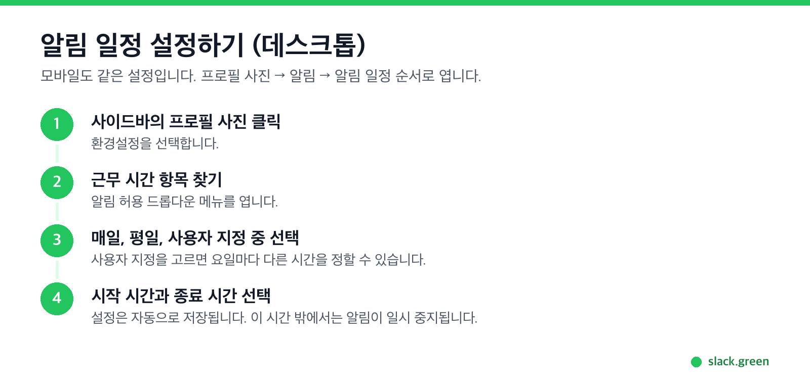 데스크톱에서 슬랙 알림 일정을 설정하는 4단계: 환경설정, 근무 시간, 알림 허용, 시작 시간과 종료 시간
