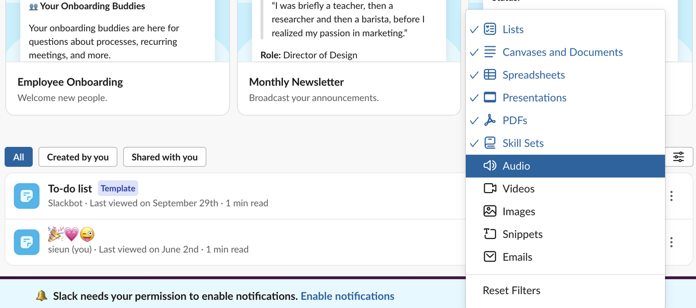 The type filter on Slack's All files page. Lists, Canvases and Documents, Spreadsheets, Presentations, PDFs and Skill Sets are ticked. Audio, Videos, Images, Snippets and Emails are not