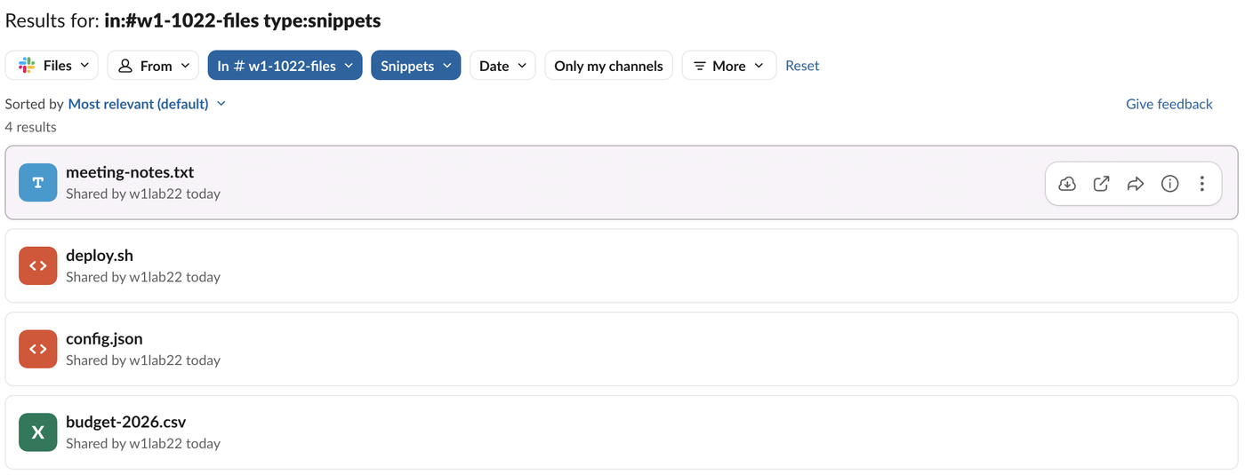Slack search results for in:#w1-1022-files type:snippets with the Files view selected. Four results: meeting-notes.txt, deploy.sh, config.json and budget-2026.csv, each shared by w1lab22 today. The first row shows download, open, share, details and more buttons