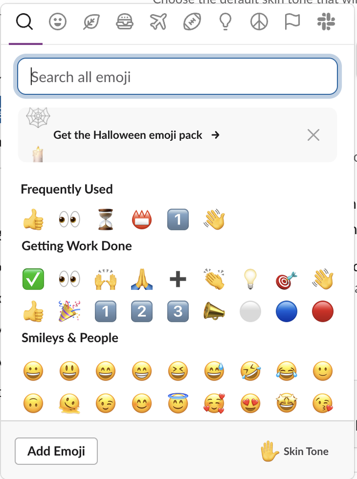 The Slack emoji picker after 10 rocket reactions added through the API: the Frequently Used row still shows thumbs up, eyes, hourglass, a name badge, the keycap 1 and a waving hand, with no rocket