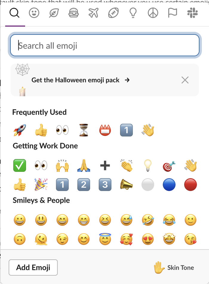 The emoji picker after picking rocket 10 times in the picker: the Frequently Used row now starts with a rocket, followed by thumbs up, eyes, hourglass, name badge, keycap 1 and waving hand