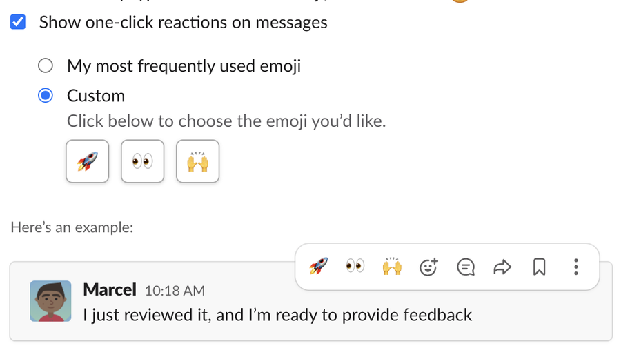 The Custom one-click reactions after editing: rocket, eyes and raised hands, with the example toolbar showing the same three
