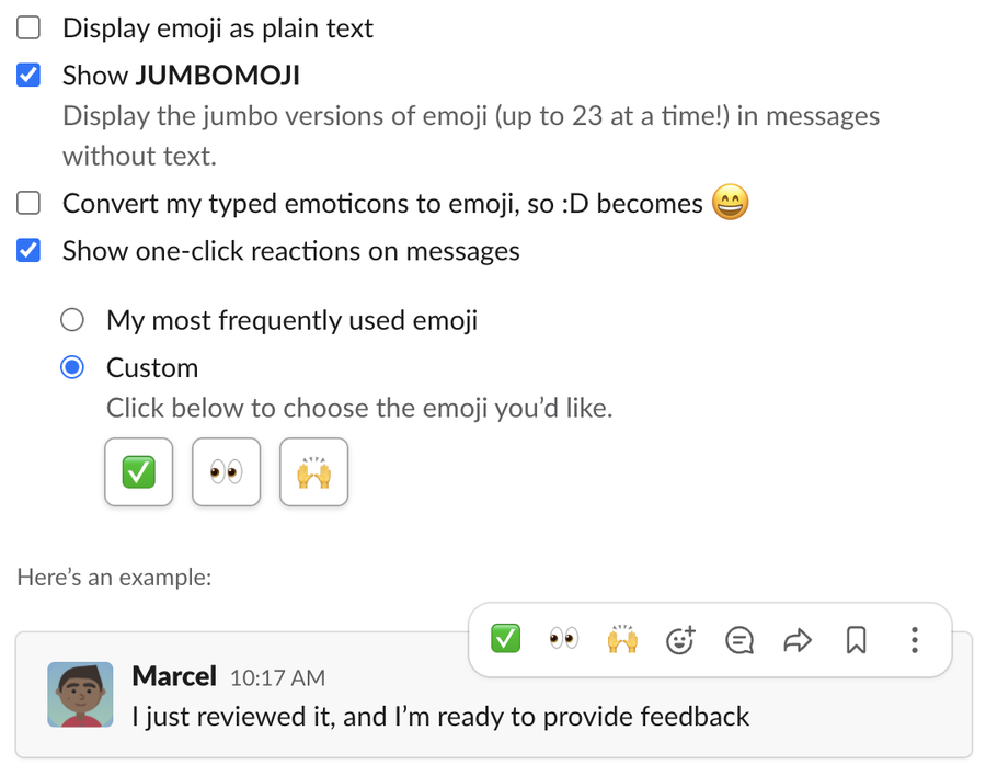Show one-click reactions ticked, Custom selected with three boxes holding a green check mark, eyes and raised hands, and the example message showing those three emoji in its hover toolbar