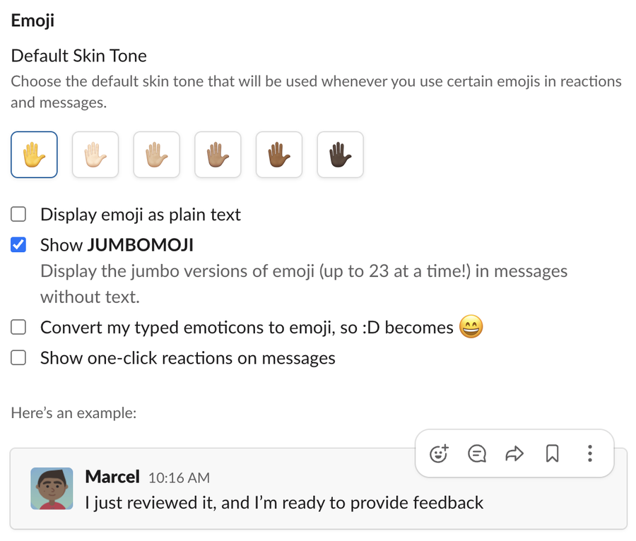 Slack Preferences, Messages and media, Emoji section, with Show one-click reactions on messages unticked and a sample message whose hover toolbar has no emoji