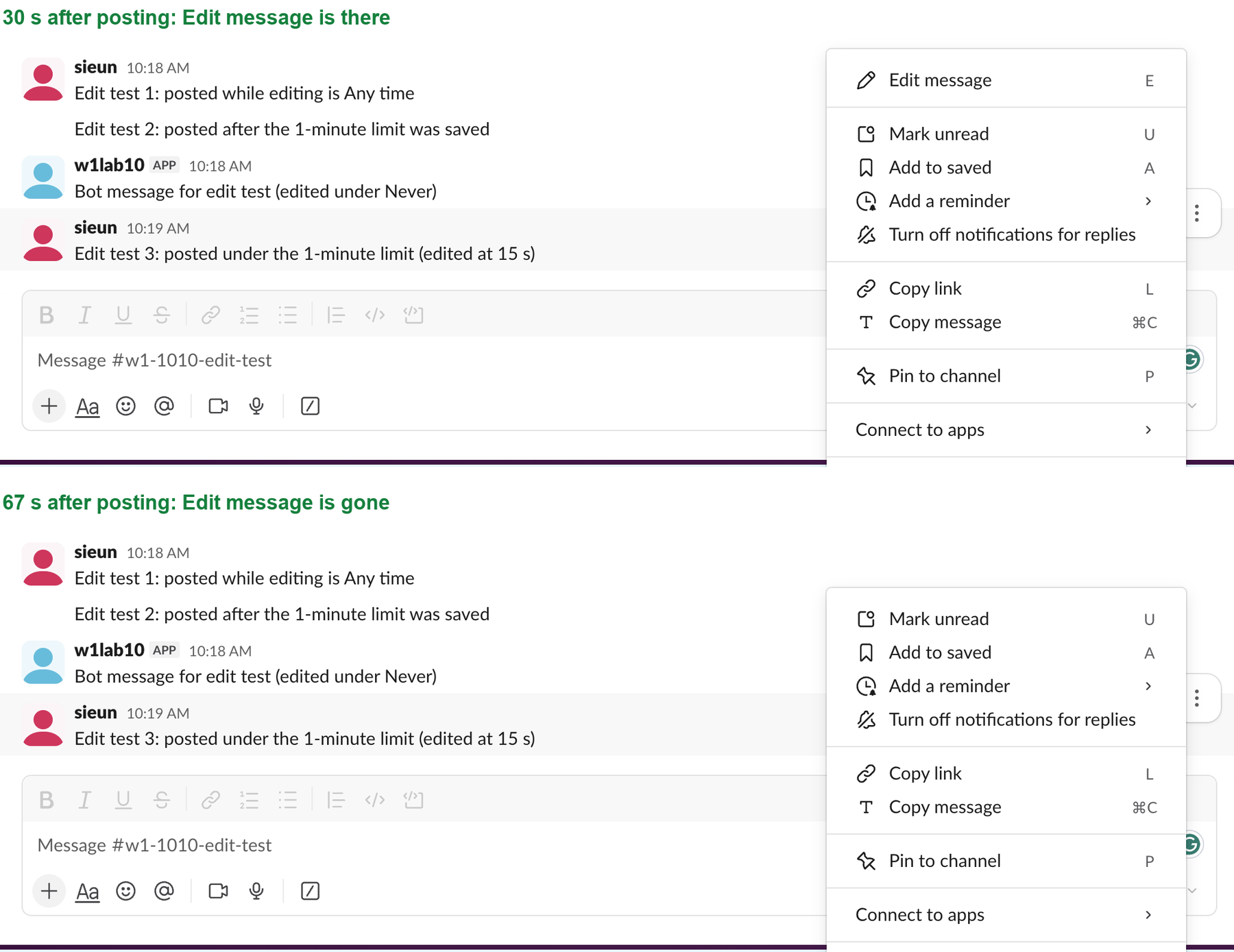 Two copies of the same Slack message menu. At 30 seconds after posting the menu starts with Edit message. At 67 seconds the menu starts with Mark unread and has no Edit message item, while Delete message is still at the bottom