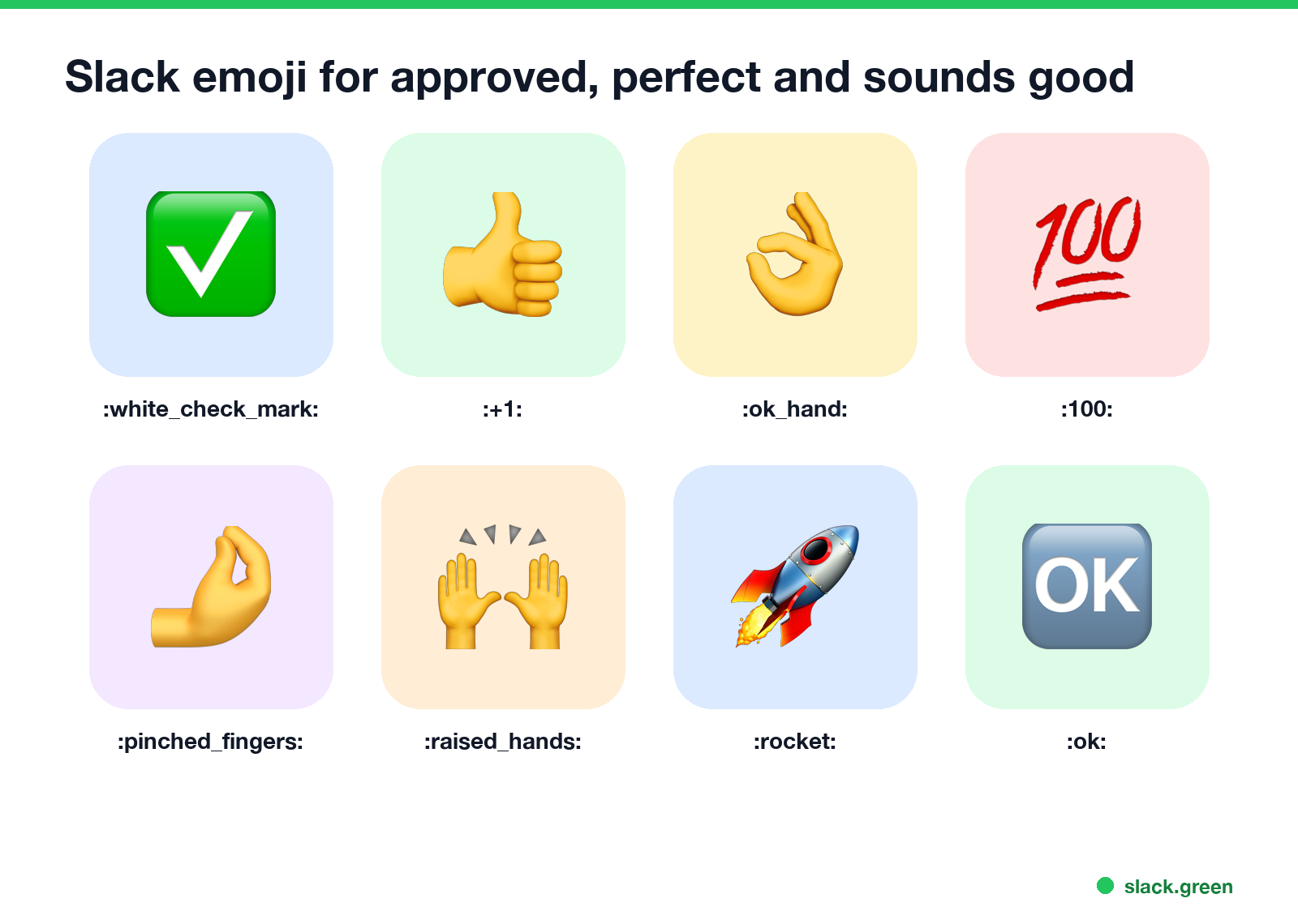 Slack emoji for approved, perfect and sounds good: white_check_mark, +1, ok_hand, 100, pinched_fingers, raised_hands, rocket, ok