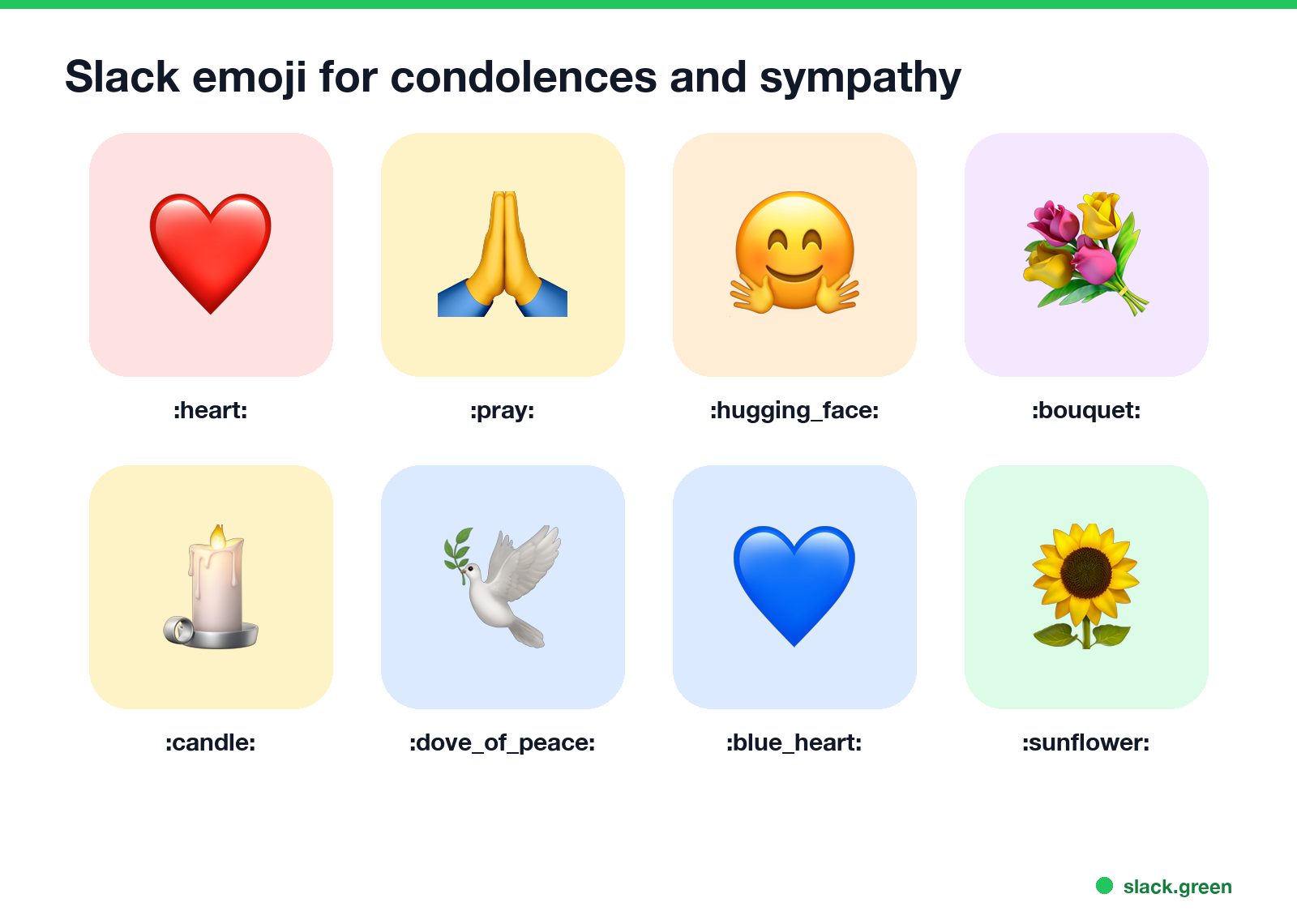 Slack emoji for condolences and sympathy: heart, pray, hugging face, bouquet, candle, dove of peace, blue heart, sunflower