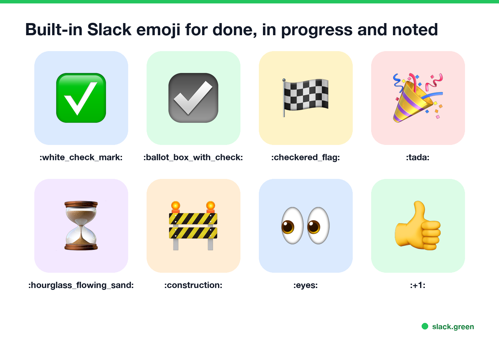 Built-in Slack emoji for done, in progress and noted: check mark, ballot box, checkered flag, tada, hourglass, construction, eyes, thumbs up