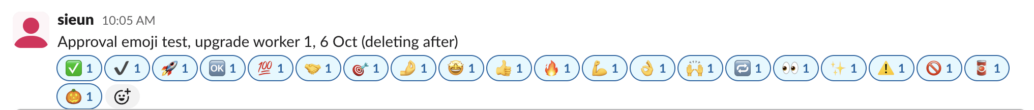 A Slack message with 21 reactions from the approval test: check marks, rocket, OK, 100, handshake, dart, chef's kiss, star-struck, thumbs up, fire, muscle, OK hand, raised hands, repeat, eyes, sparkles, warning, no entry, canned food and a jack-o-lantern