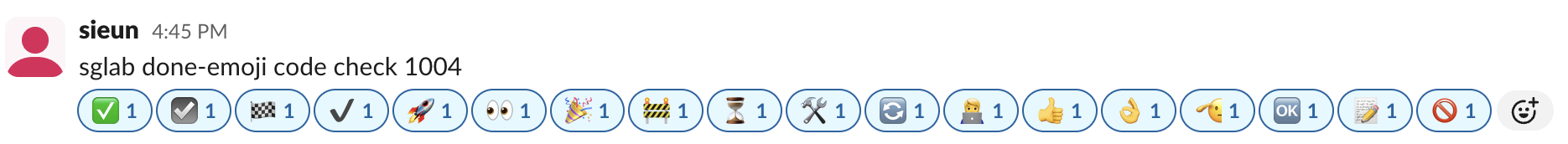 A Slack message with 18 reactions: check marks, flag, rocket, eyes, tada, construction, hourglass, tools, arrows, technologist, thumbs up, ok hand, saluting face, OK, memo, no entry