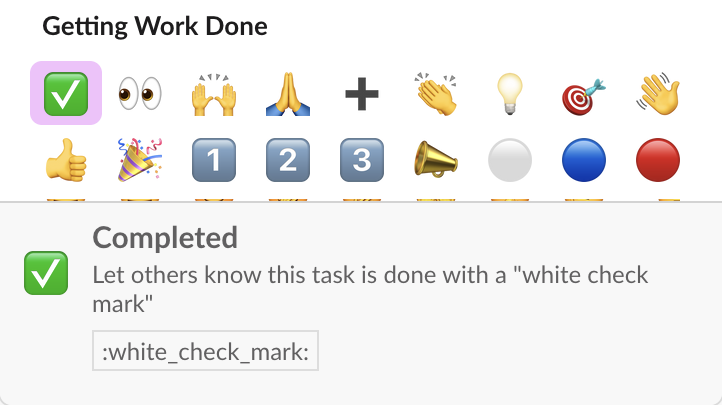 Slack reaction menu, Getting Work Done row, with white check mark highlighted and its label Completed