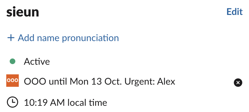 Slack profile on 7 October 2026: Active with a green dot, and the custom ooo emoji next to the status OOO until Mon 13 Oct. Urgent: Alex