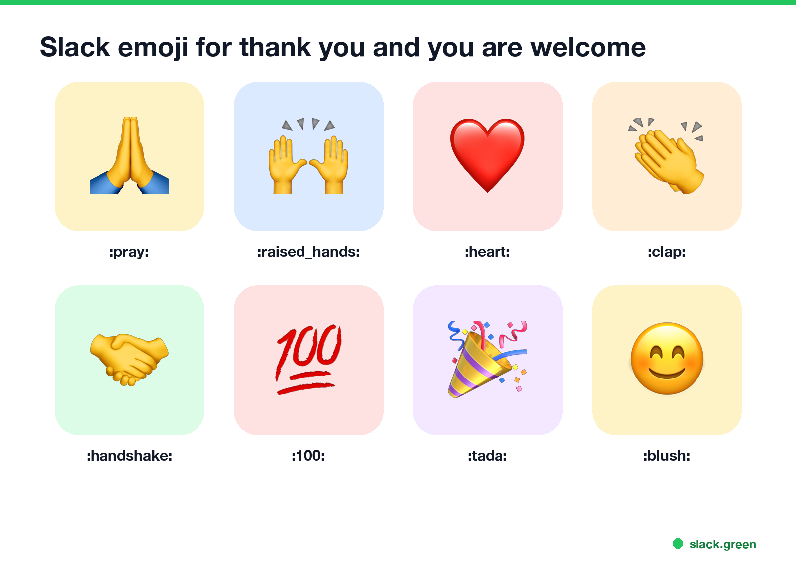 Slack emoji for thank you and you're welcome: pray, raised hands, heart, clap, handshake, 100, tada, blush