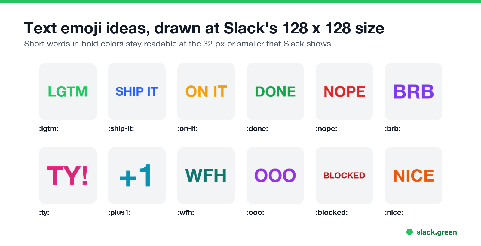 Text emoji ideas drawn at 128 x 128: lgtm, ship-it, on-it, done, nope, brb, ty, plus1, wfh, ooo, blocked, nice