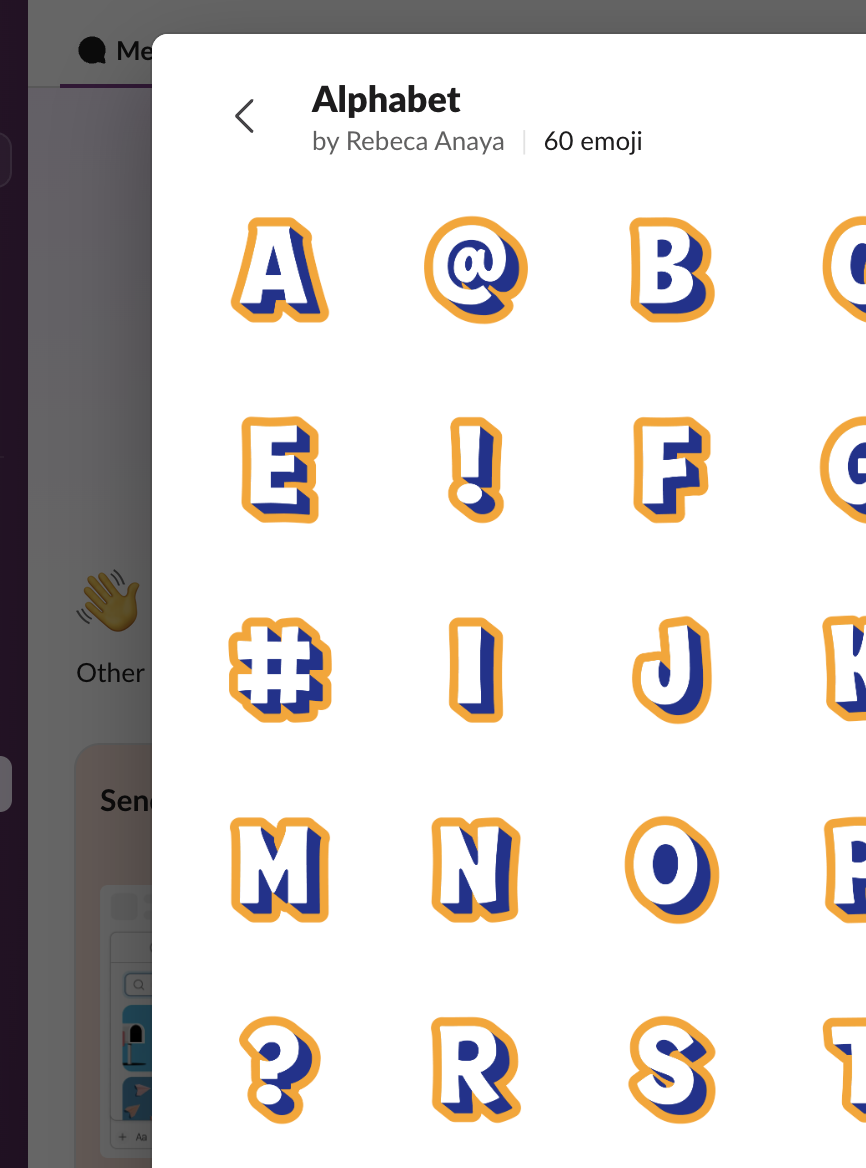 The Alphabet pack in Slack after it was added: letter emoji A to Z with a Remove pack button