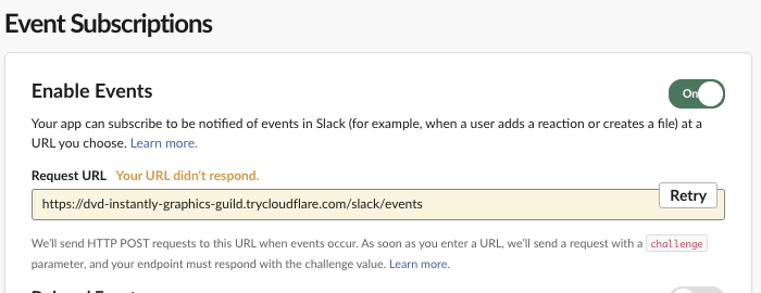 Slack app settings, Event Subscriptions: Request URL with the warning 