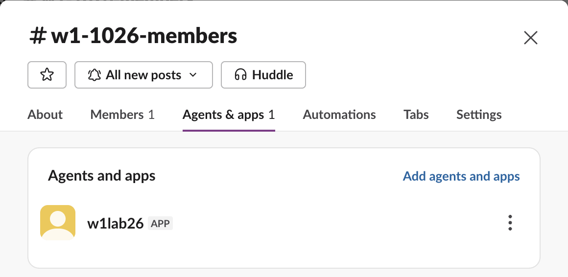 The Agents and apps tab of the same channel, listing w1lab26 with an APP label and an Add agents and apps link