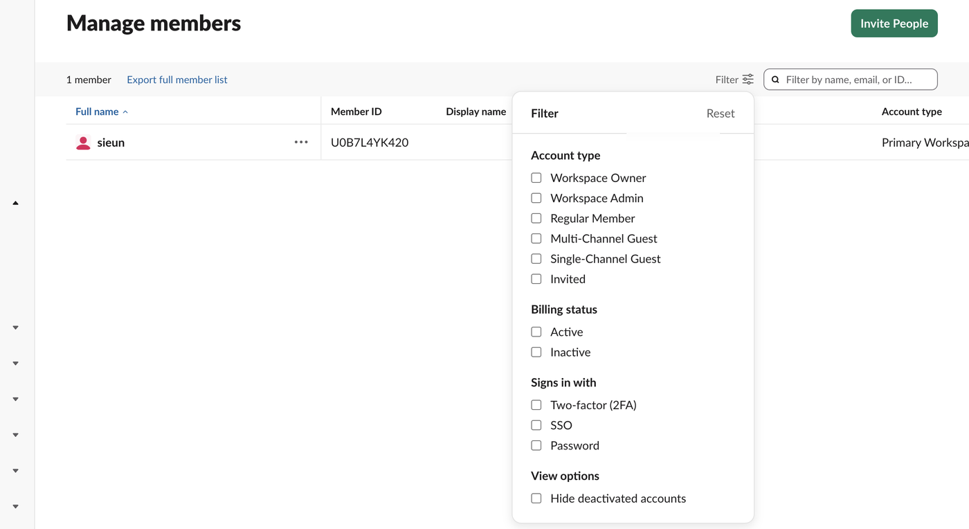Manage members Filter menu with Account type options Workspace Owner, Workspace Admin, Regular Member, Multi-Channel Guest, Single-Channel Guest and Invited, then Billing status, Signs in with, and Hide deactivated accounts. There is no channel filter