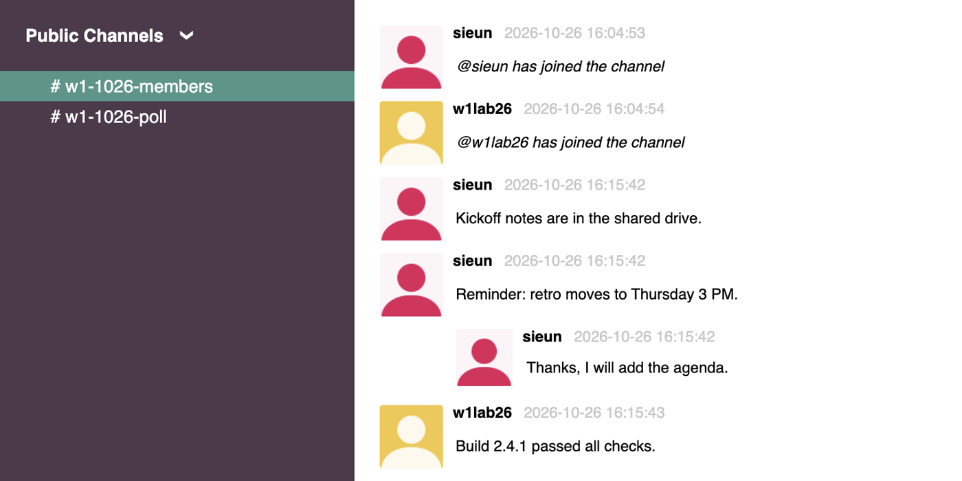 slack-export-viewer in a browser. A Public Channels sidebar with w1-1026-members and w1-1026-poll. The channel shows join messages, Kickoff notes are in the shared drive, Reminder: retro moves to Thursday 3 PM with the indented reply Thanks, I will add the agenda, and w1lab26: Build 2.4.1 passed all checks