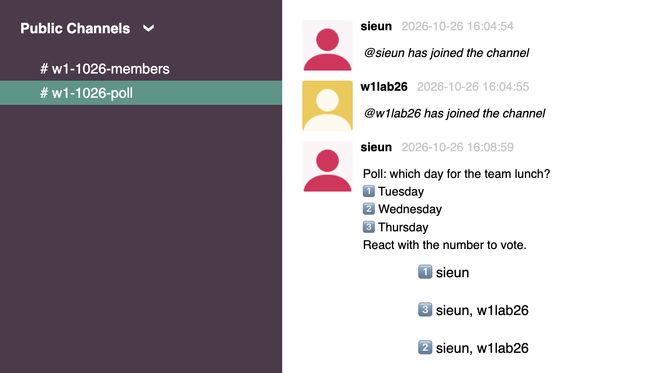 slack-export-viewer showing a poll message with three options and, under it, the reaction lines 1 sieun, 3 sieun and w1lab26, 2 sieun and w1lab26