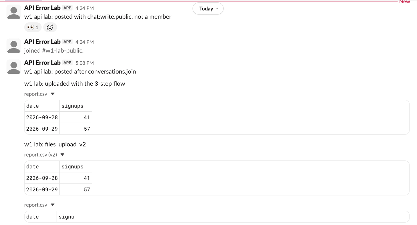 Three uploads in a Slack channel: the 3-step flow, files_upload_v2, and a truncated file from a wrong length that shows only 'date, signu'