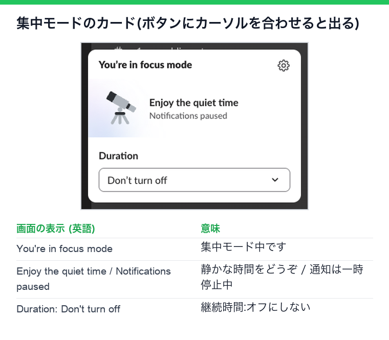 Slackの集中モードのカード。集中モード中、通知は一時停止中と表示され、継続時間のメニューはオフにしないになっている