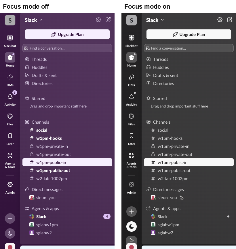 集中モードのオフとオンのSlackのサイドバー。紫のテーマが灰色になり、アクティビティのバッジ5とアプリのバッジ4が点になり、太字のチャンネル名がふつうの太さになり、名前の横に望遠鏡が出る